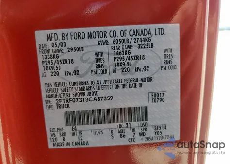 2003 Ford F150 Svt Lightning from USA, damaged, VIN 2FTRF07313CA87359